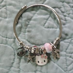 Silver Charm Bracelet with Hello Kitty and Pink Bead